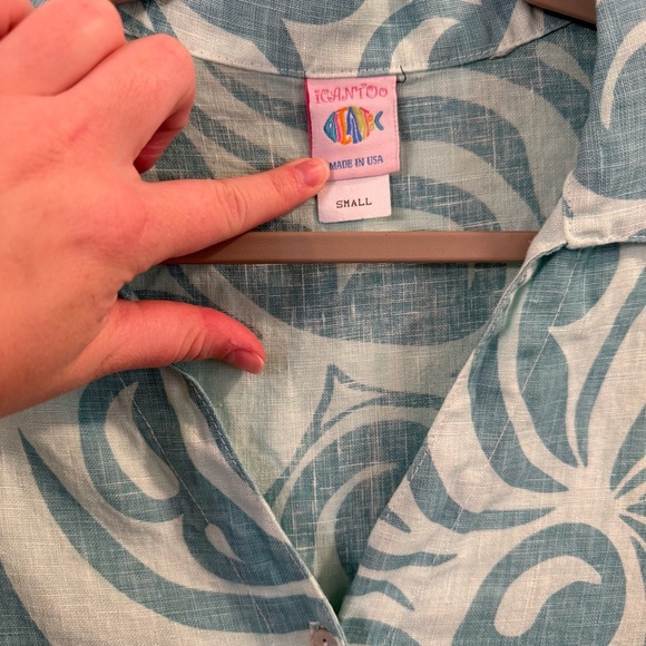 Women’s vintage IcantooTeal Patterned Button-Up linen tunic Shirt size small - Picture 2 of 4